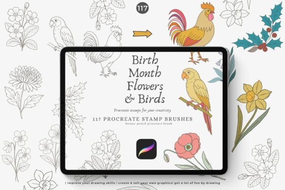 Download Birth Month Flowers &amp; Birds Procreate - Procreate Collection