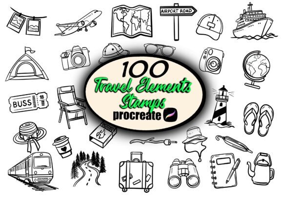 Download 100 Travel Elements Stamps for Procreate - Procreate Collection